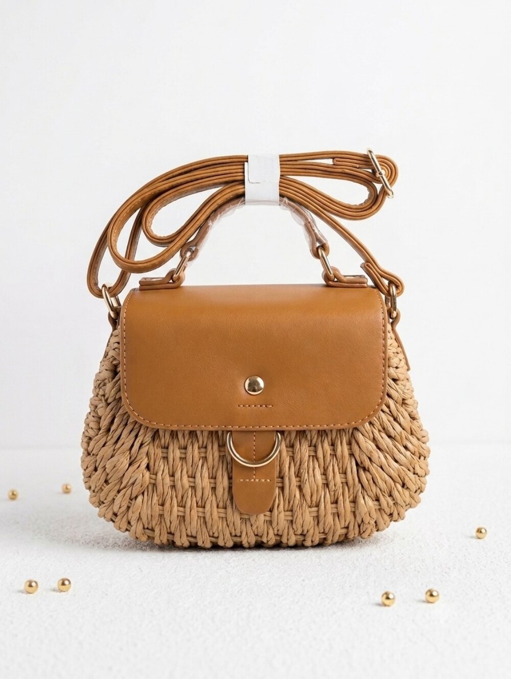 Woven Straw Crossbody Bag with Tan Faux Leather Flap (Mystery Gift Inside)
